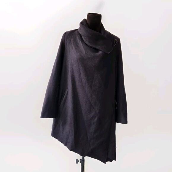All Saints Turn Lock Monument Eve Coat Black Wool Blend Asymmetrical Hem Size 4 - Picture 3 of 9